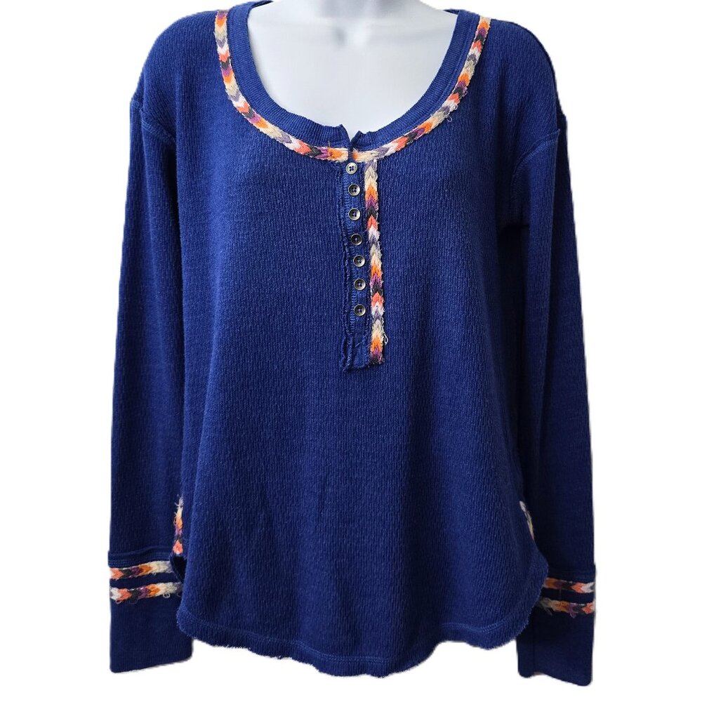 We the Free Rainbow Thermal Top XS Shirt Embroidered Henley Blue Long Sleeve